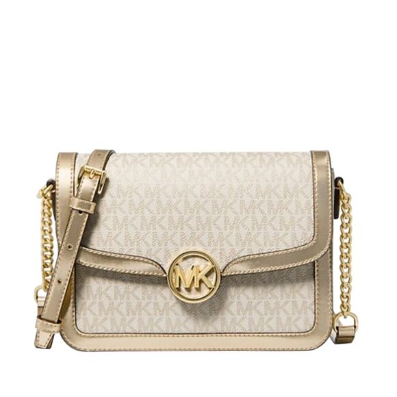 Michael Kors Leida Medium Shoulder Bag Metallic Gold Logo - Picture 6 of 6